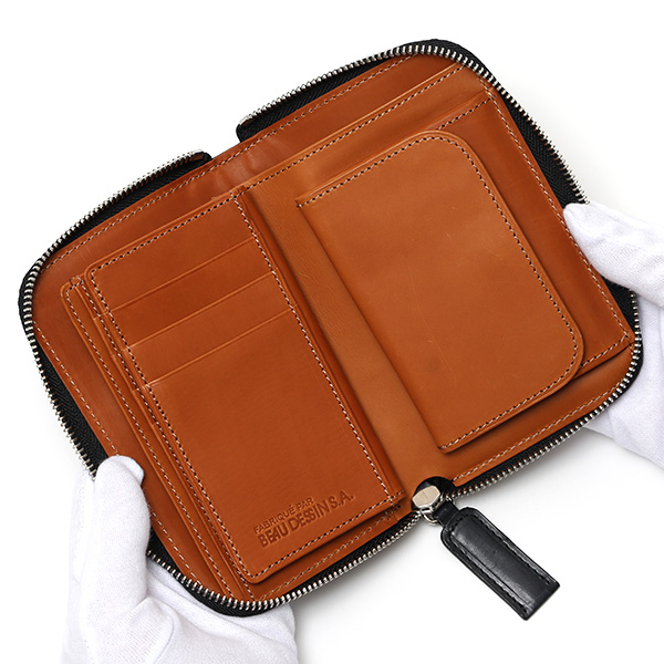  財布 二つ折り ラウンドファスナー ZIP 本革 日本製 ブランド おさいふ 大容量 カード入れ 束入れ ブラック 黒 黒色 レザー ウォレット コンパクト 小銭入れ 革 小ぶり ポケットサイズ LM1431 ボーデッサン(BEAU DESSIN)