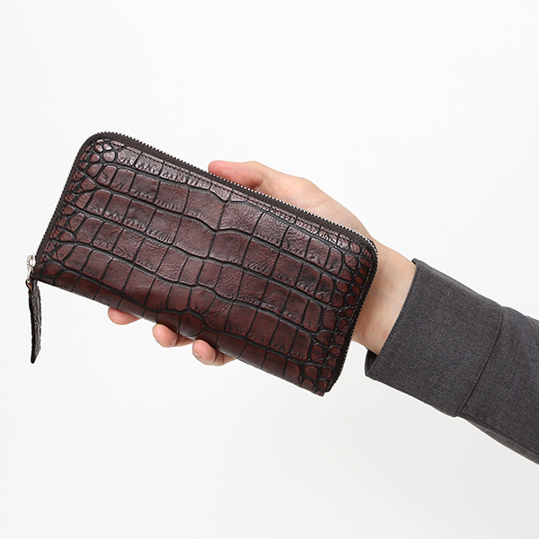  クロコ 型押し ラウンドファスナー 長財布 メンズ 本革 レザー 日本製 ブランド ダークブラウン ブラウン 茶 茶色 ワニ革 クロコダイル 金型押し 小銭入れ あり 高級 ギフト プレゼント レディース ユニセックス 男性 女性 ボーデッサン(BEAU DESSIN)
