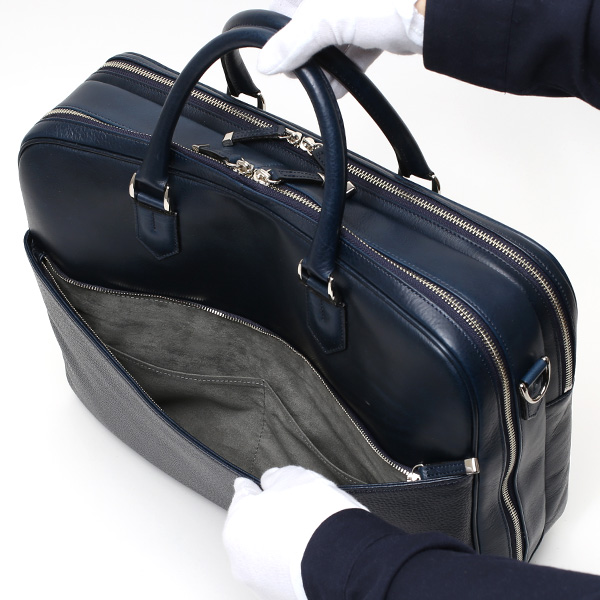 ブリーフケース メンズ 本革 ビジネスバッグ 2気室 日本製 ブルー ネイビー 青色 ショルダーベルト付き 肩掛け 無地 鞄 カバン 通勤 高級 シンプル 大容量 ファイブウッズ(FIVE WOODS) HORIZON(ホライズン) #39244