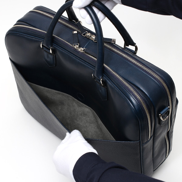 ブリーフケース メンズ 本革 ビジネスバッグ 2気室 日本製 ブルー ネイビー 青色 ショルダーベルト付き 肩掛け 無地 鞄 カバン 通勤 高級 シンプル 大容量 ファイブウッズ(FIVE WOODS) HORIZON(ホライズン) #39244