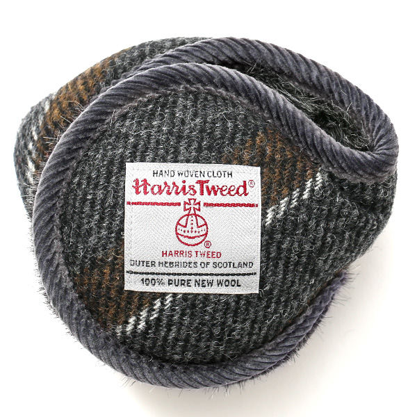 ハリスツイード(Harris Tweed) チェック柄 イヤーマフラー グレー/ブラウンストライプ