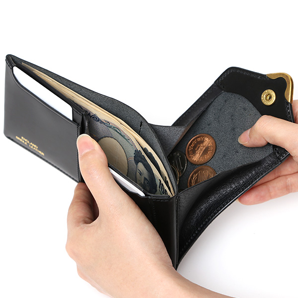  池之端銀革店 UKブライドルレザー ミニ財布 日本製 本革 メンズ 財布 ブラック 黒 黒色 Cramp フロント金具 ギャルソンスリムウォレット 小さい 二つ折り 三つ折り コンパクト 真鍮 小銭入れあり 小型 国産 ブランド 化粧箱あり 男性 プレゼント