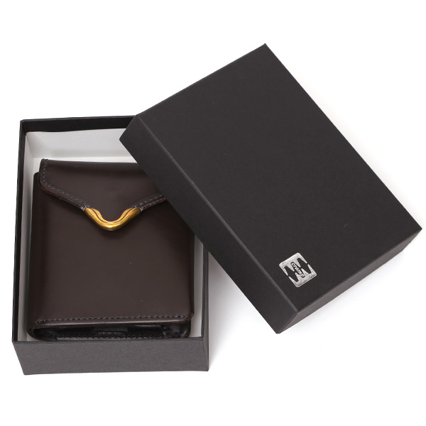  池之端銀革店 UKブライドルレザー ミニ財布 日本製 本革 メンズ 財布 チョコ ブラウン 茶 茶色 Cramp フロント金具 ギャルソンスリムウォレット 小さい 二つ折り 三つ折り コンパクト 真鍮 小銭入れあり 小型 国産 ブランド 化粧箱あり 男性 プレゼント