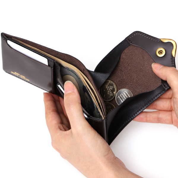  池之端銀革店 UKブライドルレザー ミニ財布 日本製 本革 メンズ 財布 チョコ ブラウン 茶 茶色 Cramp フロント金具 ギャルソンスリムウォレット 小さい 二つ折り 三つ折り コンパクト 真鍮 小銭入れあり 小型 国産 ブランド 化粧箱あり 男性 プレゼント