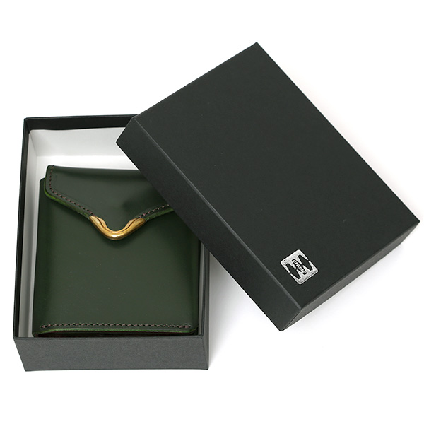  池之端銀革店 UKブライドルレザー ミニ財布 日本製 本革 メンズ 財布 グリーン 緑色 Cramp フロント金具 ギャルソンスリムウォレット 小さい 二つ折り 三つ折り コンパクト 真鍮 小銭入れあり 小型 国産 ブランド 化粧箱あり 男性 プレゼント