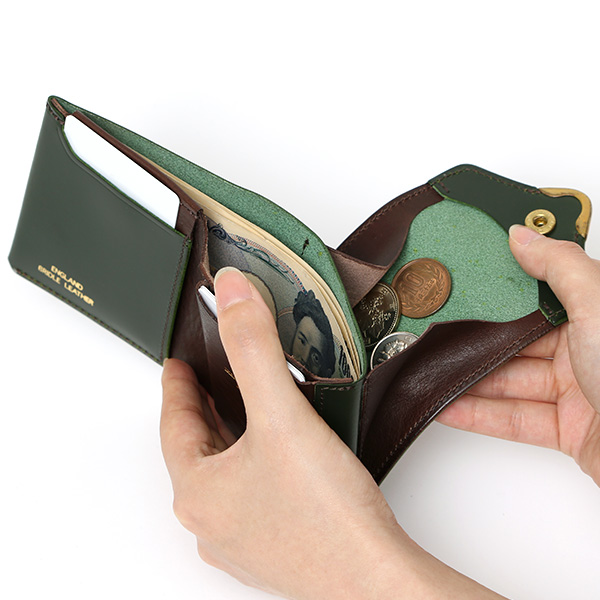  池之端銀革店 UKブライドルレザー ミニ財布 日本製 本革 メンズ 財布 グリーン 緑色 Cramp フロント金具 ギャルソンスリムウォレット 小さい 二つ折り 三つ折り コンパクト 真鍮 小銭入れあり 小型 国産 ブランド 化粧箱あり 男性 プレゼント