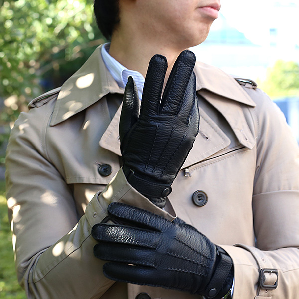  手袋 メンズ 本革 レザー ブラック 黒 黒色 手袋 カシミヤ混 カシミア混 ディアスキン(鹿革) グローブ KURODA(クロダ)