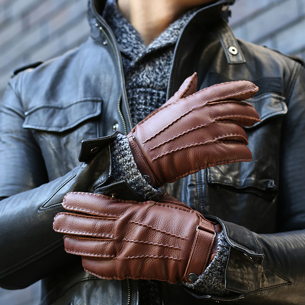  手袋 メンズ 本革 レザー ブラウン 茶 茶色 手袋 カシミヤ混 カシミア混 ディアスキン(鹿革) グローブ KURODA(クロダ)