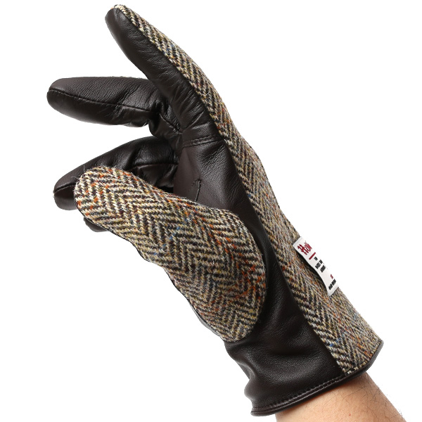  ハリスツイード 手袋 メンズ 日本製 本革 レザー スマホ スマートフォン 対応 ブラウン 茶 茶色 ウール 手袋 グローブ KURODA(クロダ)
