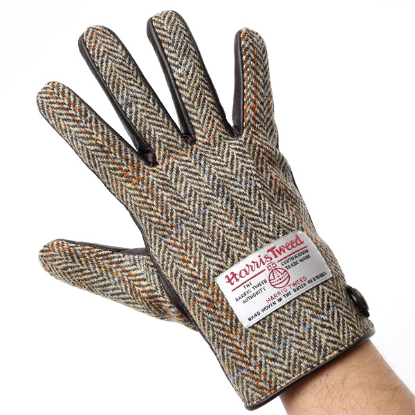  ハリスツイード 手袋 メンズ 日本製 本革 レザー スマホ スマートフォン 対応 ブラウン 茶 茶色 ウール 手袋 グローブ KURODA(クロダ)