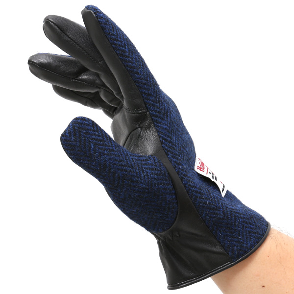  ハリスツイード 手袋 メンズ 日本製 本革 レザー スマホ スマートフォン 対応 ブルー ネイビー 青色 ウール 手袋 グローブ KURODA(クロダ)