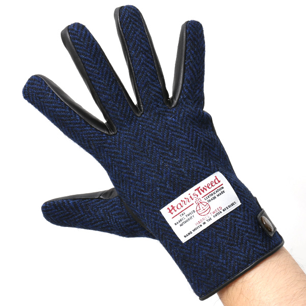  ハリスツイード 手袋 メンズ 日本製 本革 レザー スマホ スマートフォン 対応 ブルー ネイビー 青色 ウール 手袋 グローブ KURODA(クロダ)