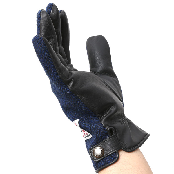  ハリスツイード 手袋 メンズ 日本製 本革 レザー スマホ スマートフォン 対応 ブルー ネイビー 青色 ウール 手袋 グローブ KURODA(クロダ)