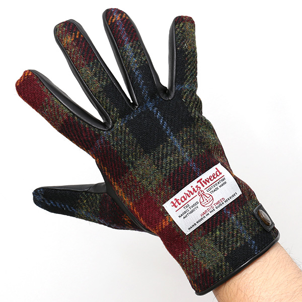  ハリスツイード 手袋 メンズ 日本製 本革 レザー スマホ スマートフォン 対応 グリーン 緑色 ウール 手袋 グローブ KURODA(クロダ)