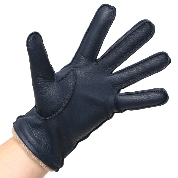  手袋 メンズ 本革 レザー カシミヤ混 カシミア混 ブルー ネイビー 青色 手袋 ディアスキン(鹿革) グローブ KURODA(クロダ)