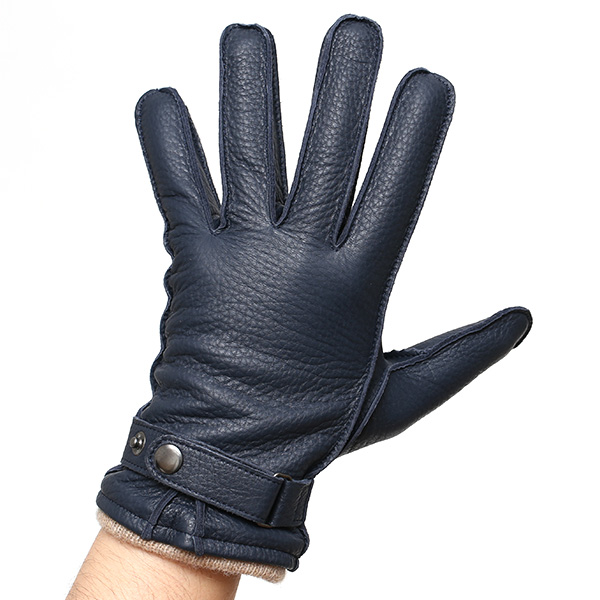  手袋 メンズ 本革 レザー カシミヤ混 カシミア混 ブルー ネイビー 青色 手袋 ディアスキン(鹿革) グローブ KURODA(クロダ)