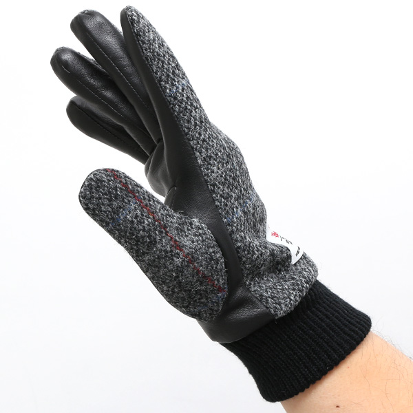  ハリスツイード 手袋 メンズ 本革 レザー スマートフォン対応 ブラック 黒 黒色 ウール 手袋 グローブ KURODA(クロダ)