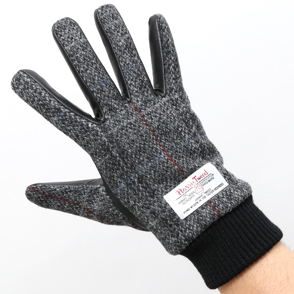  ハリスツイード 手袋 メンズ 本革 レザー スマートフォン対応 ブラック 黒 黒色 ウール 手袋 グローブ KURODA(クロダ)