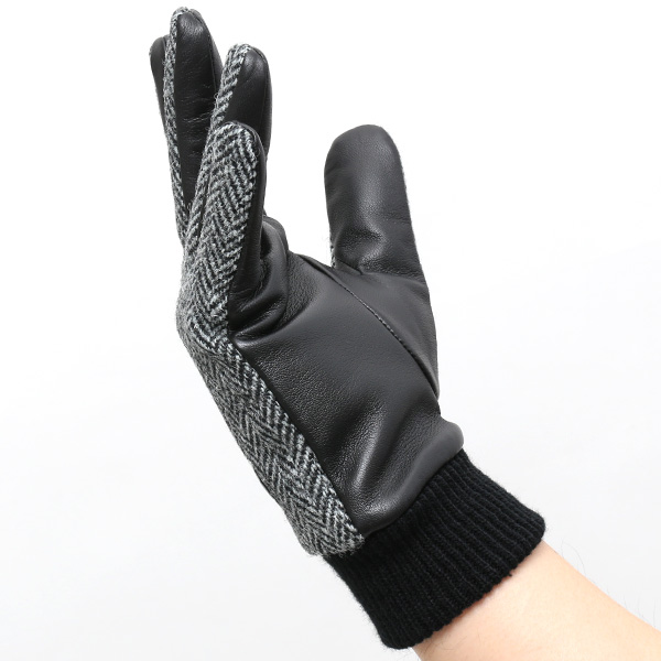  ハリスツイード 手袋 メンズ 本革 レザー スマートフォン対応 グレー グレイ 灰色 ウール 手袋 グローブ KURODA(クロダ)