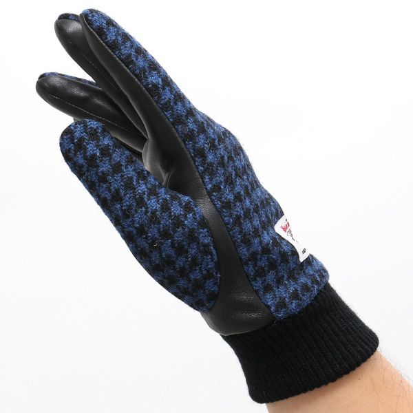  ハリスツイード 手袋 メンズ 本革 レザー スマートフォン対応 ブルー ネイビー 青色 ウール 手袋 グローブ KURODA(クロダ)