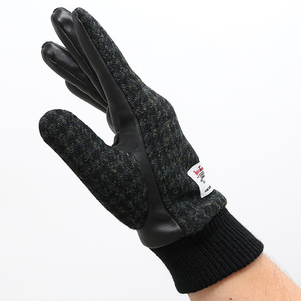 ハリスツイード 手袋 メンズ 本革 レザー スマートフォン対応 グリーン 緑色 ウール 手袋 グローブ KURODA(クロダ)