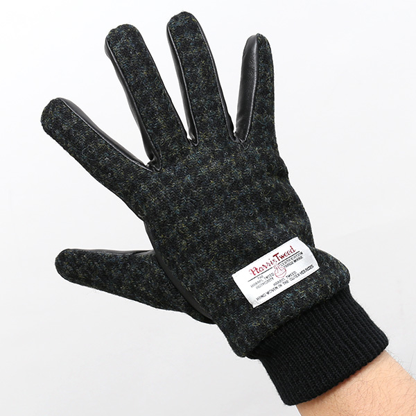 ハリスツイード 手袋 メンズ 本革 レザー スマートフォン対応 グリーン 緑色 ウール 手袋 グローブ KURODA(クロダ)