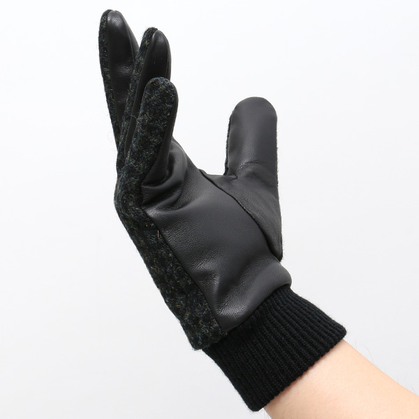 ハリスツイード 手袋 メンズ 本革 レザー スマートフォン対応 グリーン 緑色 ウール 手袋 グローブ KURODA(クロダ)