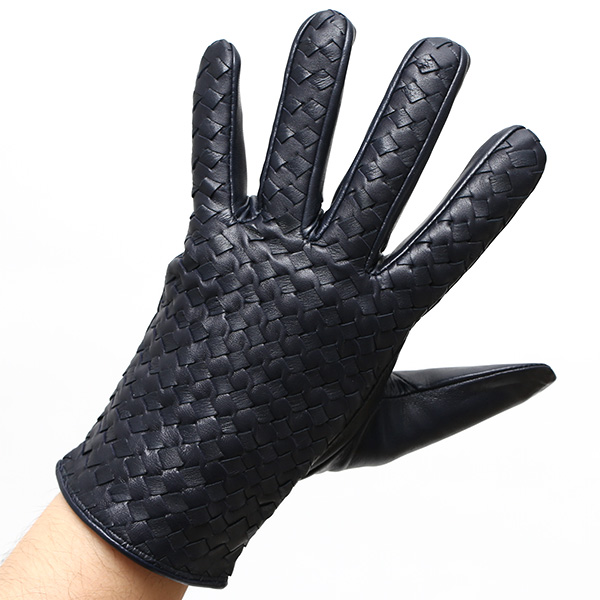  KURODA(クロダ) イントレチャート ラムスキン(仔羊)革手袋 メンズ ブルー ネイビー 青色 本革 編み込み てぶくろ 皮 おしゃれ 高級 大人