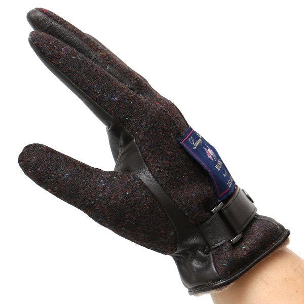  英国で1837年創業の老舗生地メーカー、MOON(ムーン)社のツイード生地を使用した本革手袋 ブラウン 茶 茶色 メンズ 羊革(ラムスキン) グローブ タッチパネル対応 スマホ対応 スマートフォン対応 操作 可能 KURODA(クロダ)