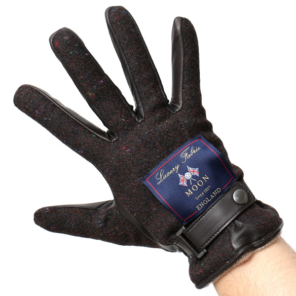  英国で1837年創業の老舗生地メーカー、MOON(ムーン)社のツイード生地を使用した本革手袋 ブラウン 茶 茶色 メンズ 羊革(ラムスキン) グローブ タッチパネル対応 スマホ対応 スマートフォン対応 操作 可能 KURODA(クロダ)