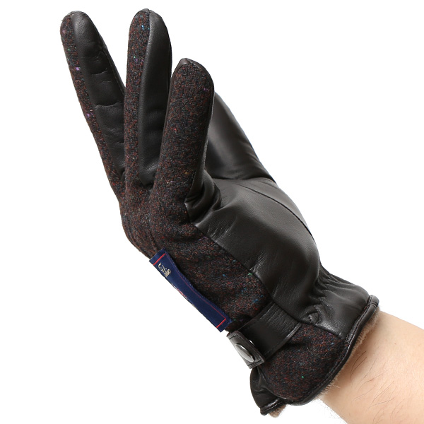  英国で1837年創業の老舗生地メーカー、MOON(ムーン)社のツイード生地を使用した本革手袋 ブラウン 茶 茶色 メンズ 羊革(ラムスキン) グローブ タッチパネル対応 スマホ対応 スマートフォン対応 操作 可能 KURODA(クロダ)