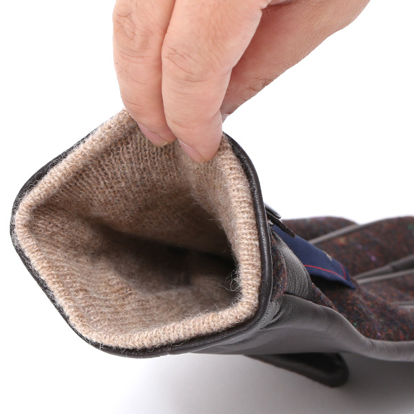  英国で1837年創業の老舗生地メーカー、MOON(ムーン)社のツイード生地を使用した本革手袋 ブラウン 茶 茶色 メンズ 羊革(ラムスキン) グローブ タッチパネル対応 スマホ対応 スマートフォン対応 操作 可能 KURODA(クロダ)