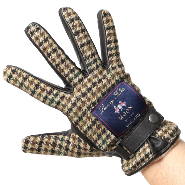  英国で1837年創業の老舗生地メーカー、MOON(ムーン)社のツイード生地を使用した本革手袋 ブラウン 茶 茶色 メンズ 羊革(ラムスキン) グローブ タッチパネル対応 スマホ対応 スマートフォン対応 操作 可能 KURODA(クロダ)