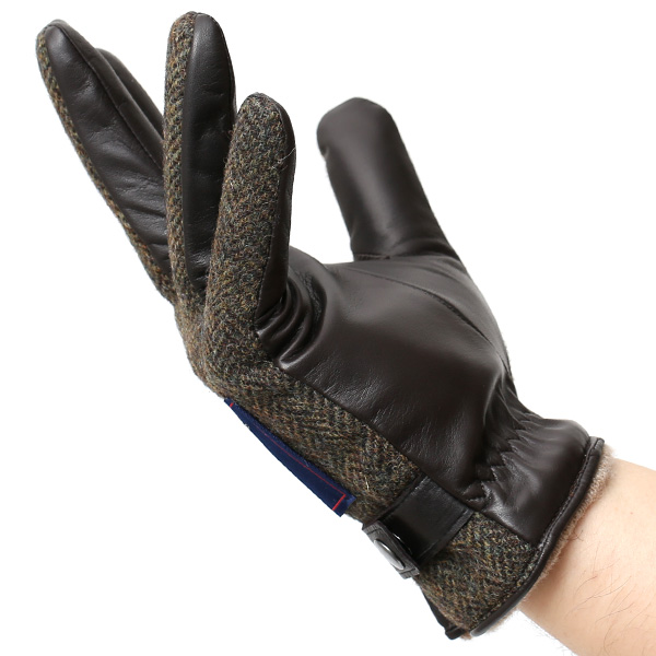  英国で1837年創業の老舗生地メーカー、MOON(ムーン)社のツイード生地を使用した本革手袋 ブラウン 茶 茶色 メンズ 羊革(ラムスキン) グローブ タッチパネル対応 スマホ対応 スマートフォン対応 操作 可能 KURODA(クロダ)