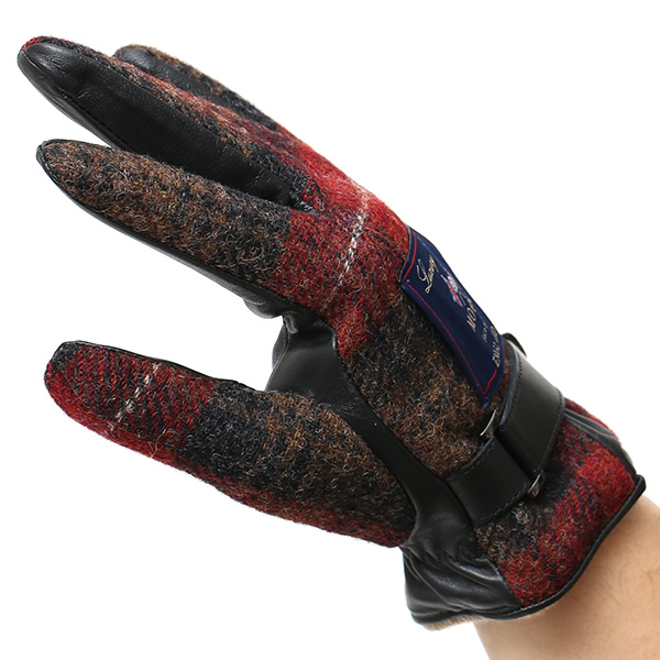  英国で1837年創業の老舗生地メーカー、MOON(ムーン)社のツイード生地を使用した本革手袋 レッド ワイン 赤色 メンズ 羊革(ラムスキン) グローブ タッチパネル対応 スマホ対応 スマートフォン対応 操作 可能 KURODA(クロダ)