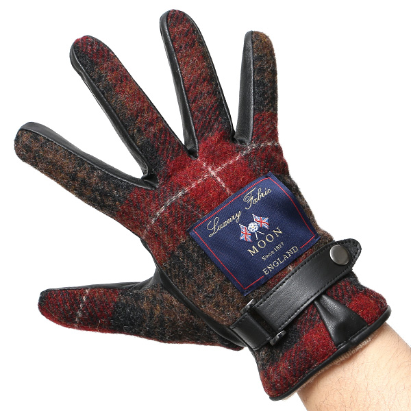  英国で1837年創業の老舗生地メーカー、MOON(ムーン)社のツイード生地を使用した本革手袋 レッド ワイン 赤色 メンズ 羊革(ラムスキン) グローブ タッチパネル対応 スマホ対応 スマートフォン対応 操作 可能 KURODA(クロダ)