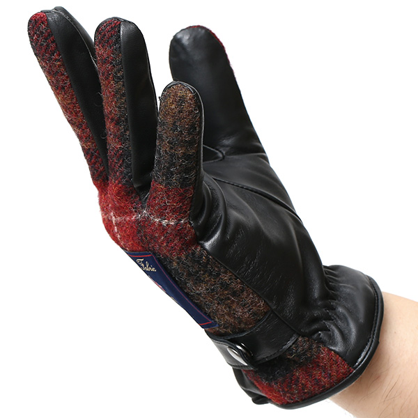  英国で1837年創業の老舗生地メーカー、MOON(ムーン)社のツイード生地を使用した本革手袋 レッド ワイン 赤色 メンズ 羊革(ラムスキン) グローブ タッチパネル対応 スマホ対応 スマートフォン対応 操作 可能 KURODA(クロダ)