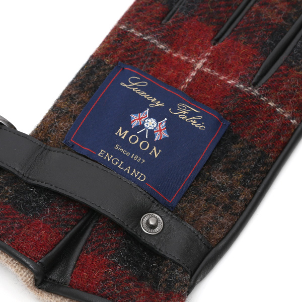  英国で1837年創業の老舗生地メーカー、MOON(ムーン)社のツイード生地を使用した本革手袋 レッド ワイン 赤色 メンズ 羊革(ラムスキン) グローブ タッチパネル対応 スマホ対応 スマートフォン対応 操作 可能 KURODA(クロダ)