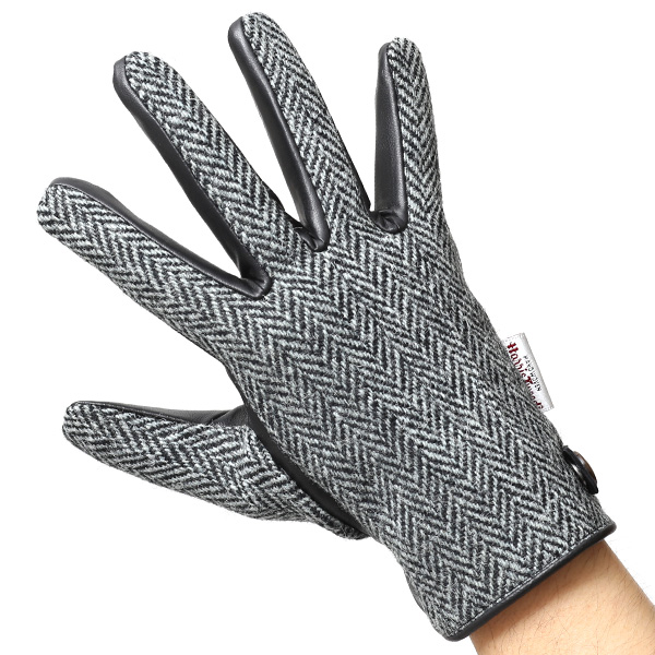  ハリスツイード 手袋 メンズ 日本製 本革 スマホ操作可能 グレー グレイ 灰色 スマートフォン対応 ウール レザー グローブ タッチパネル プレゼント クリスマス ギフト ブランド化粧箱付き KURODA(クロダ)