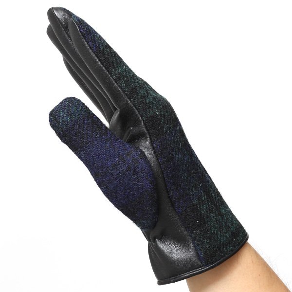  ハリスツイード 手袋 メンズ 日本製 本革 スマホ操作可能 ブルー ネイビー 青色 スマートフォン対応 ウール レザー グローブ タッチパネル プレゼント クリスマス ギフト ブランド化粧箱付き KURODA(クロダ)