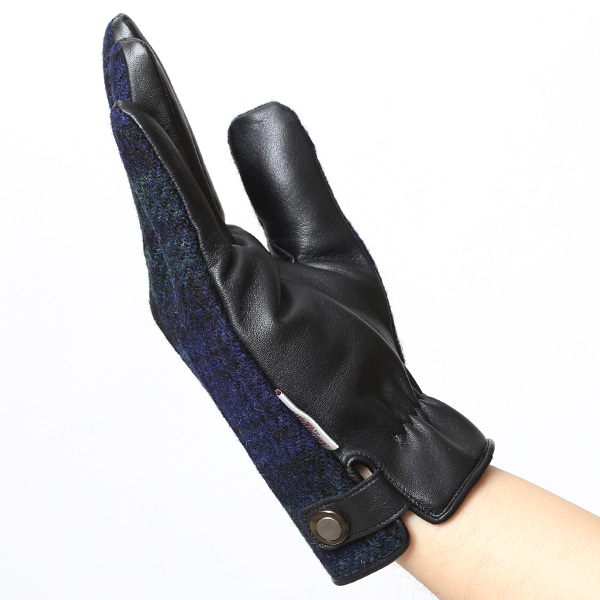  ハリスツイード 手袋 メンズ 日本製 本革 スマホ操作可能 ブルー ネイビー 青色 スマートフォン対応 ウール レザー グローブ タッチパネル プレゼント クリスマス ギフト ブランド化粧箱付き KURODA(クロダ)