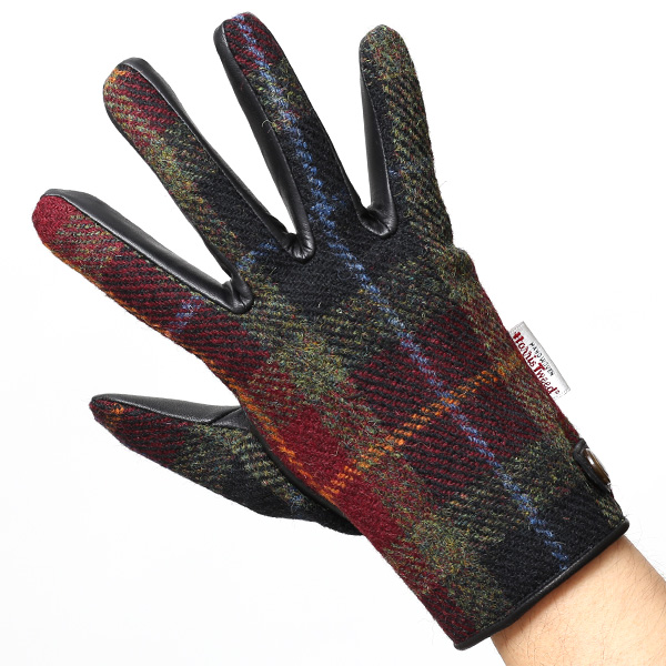  ハリスツイード 手袋 メンズ 日本製 本革 スマホ操作可能 グリーン 緑色 スマートフォン対応 ウール レザー グローブ タッチパネル プレゼント クリスマス ギフト ブランド化粧箱付き KURODA(クロダ)