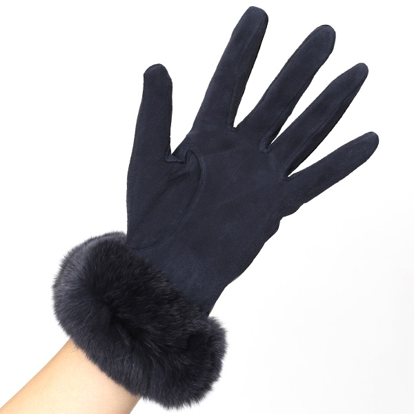  KURODA(クロダ) レディース 革手袋 本革 レザー 日本製 ラビットファー ベンベルグ(キュプラ)裏地 ブルー ネイビー 青色 かわいい 高級 おしゃれ 大人 女性 結婚式 パーティー ドレス ファー付き 羊革 皮 てぶくろ
