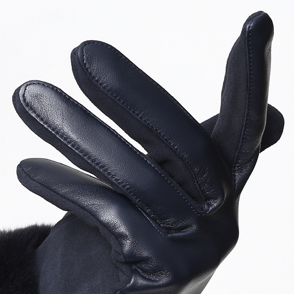  KURODA(クロダ) レディース 革手袋 本革 レザー 日本製 ラビットファー ベンベルグ(キュプラ)裏地 ブルー ネイビー 青色 かわいい 高級 おしゃれ 大人 女性 結婚式 パーティー ドレス ファー付き 羊革 皮 てぶくろ