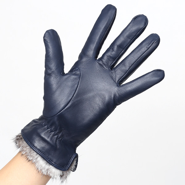  KURODA(クロダ) レディース 本革 レザー 手袋 スマホ対応 ラビットファー ブルー ネイビー 青色 暖かい シンプル 無地 かわいい 高級 おしゃれ 大人 女性 プレゼント クリスマス 誕生日 ギフト 羊革 ラムスキン 皮 てぶくろ