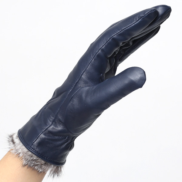  KURODA(クロダ) レディース 本革 レザー 手袋 スマホ対応 ラビットファー ブルー ネイビー 青色 暖かい シンプル 無地 かわいい 高級 おしゃれ 大人 女性 プレゼント クリスマス 誕生日 ギフト 羊革 ラムスキン 皮 てぶくろ