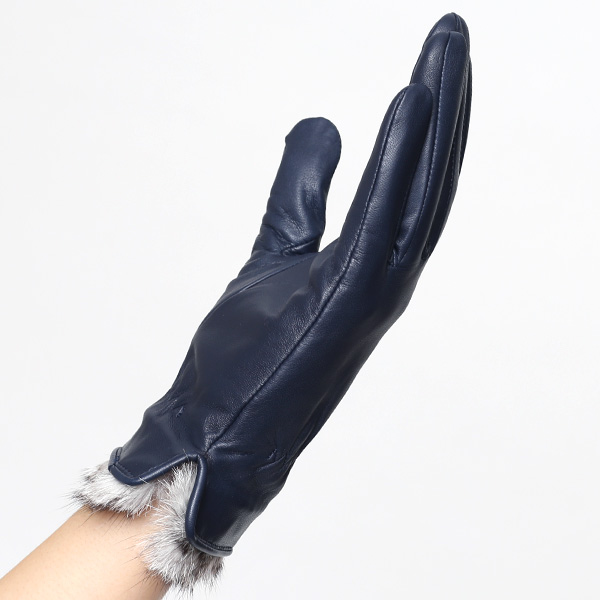  KURODA(クロダ) レディース 本革 レザー 手袋 スマホ対応 ラビットファー ブルー ネイビー 青色 暖かい シンプル 無地 かわいい 高級 おしゃれ 大人 女性 プレゼント クリスマス 誕生日 ギフト 羊革 ラムスキン 皮 てぶくろ