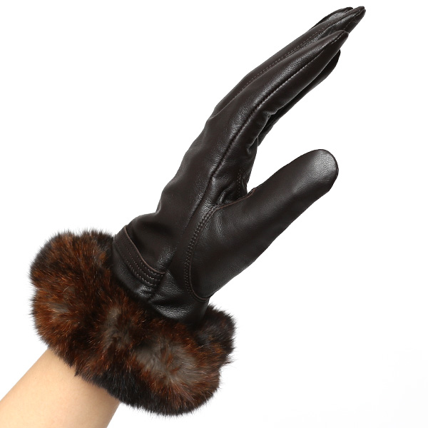  KURODA(クロダ) ラビットファー付き 本革手袋 レディース ダークブラウン ブラウン 茶 茶色 レザー 手袋 革手袋 結婚式 ドレス フォーマル おしゃれ 高級 大人 パーティー 皮 てぶくろ