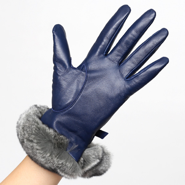  KURODA(クロダ) ラビットファー付き 本革手袋 レディース ブルー ネイビー 青色 レザー 手袋 革手袋 結婚式 ドレス フォーマル おしゃれ 高級 大人 パーティー 皮 てぶくろ