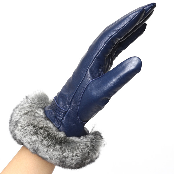  KURODA(クロダ) ラビットファー付き 本革手袋 レディース ブルー ネイビー 青色 レザー 手袋 革手袋 結婚式 ドレス フォーマル おしゃれ 高級 大人 パーティー 皮 てぶくろ